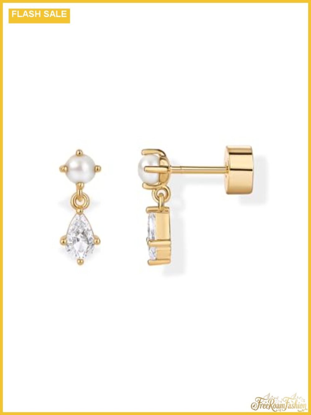 14K Gold Plated Dangle Flat Back Earrings CZ Pearl Stud